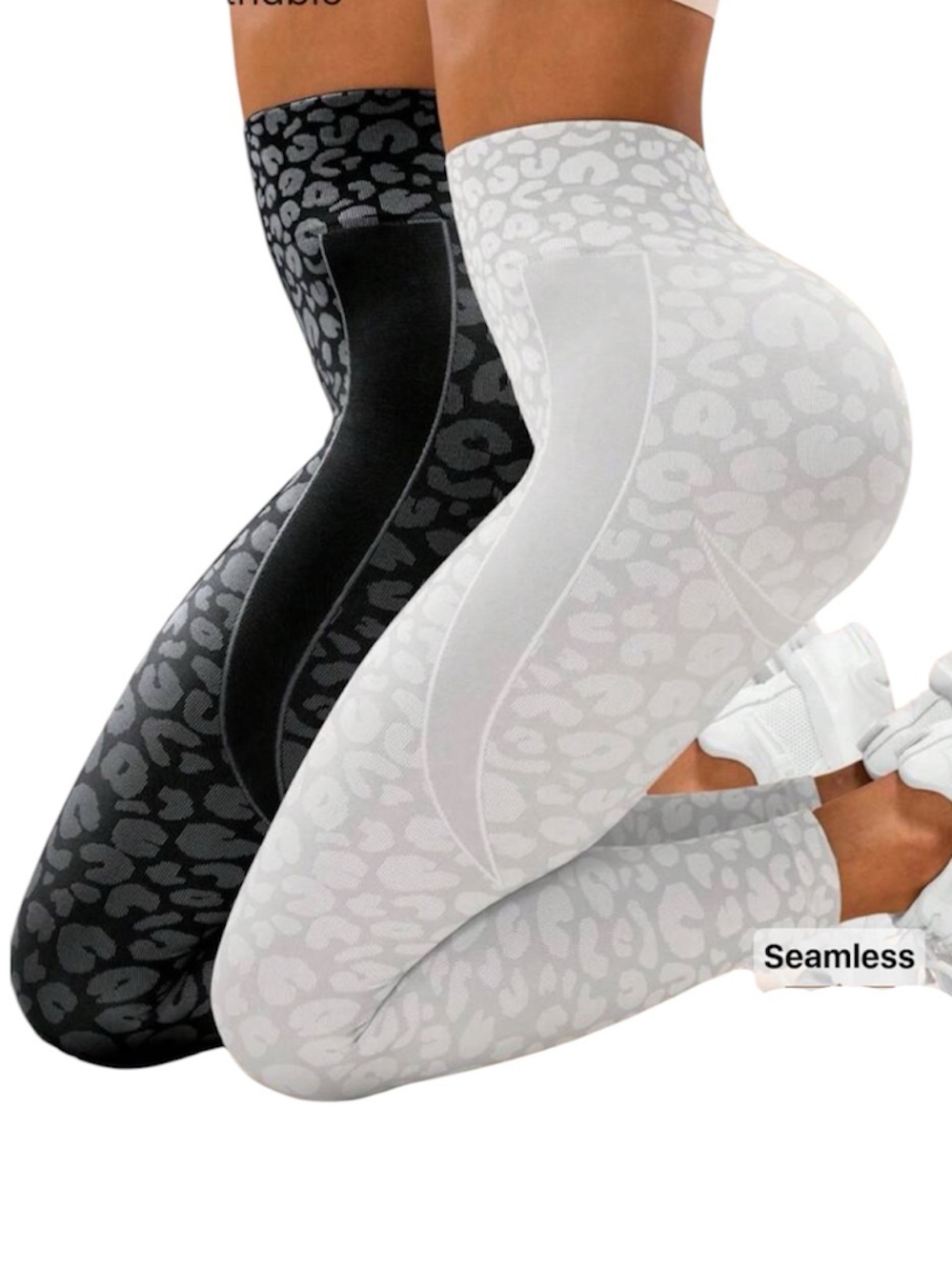 2pc Seamless Leopard Print Women’s Leggings, Gym, Workout-White & Grey- Small